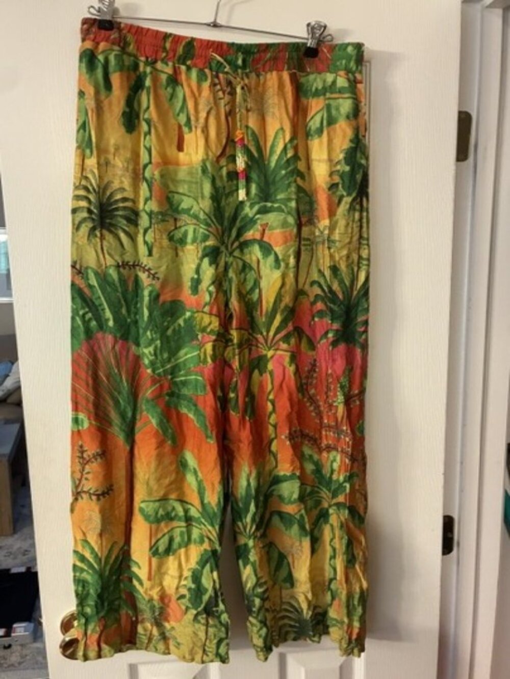 Rachel Zoe Women's Tropical Beach Palms Cruise Resort Casual Wide Leg Pants Sz L